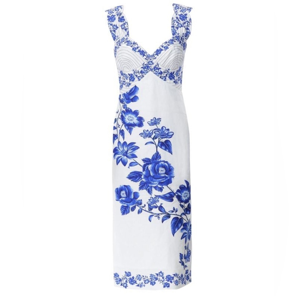 FARM Rio Wavy Cascade Blue Floral Midi Dress, size medium